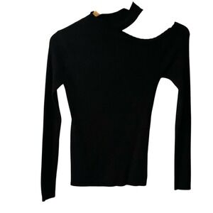 La Miel Womens Ribbed Cutout Shoulder Mock Neck Top Black Long Sleeve Small